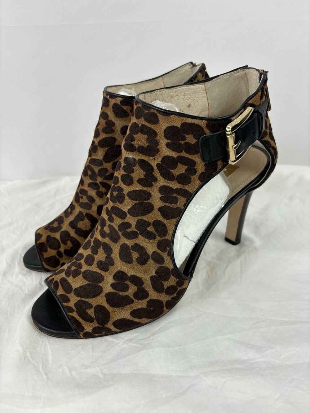 Louise et Cie Peeptoe Booties Heels Leopard Animal Print Brown Black 8.5 B Calf